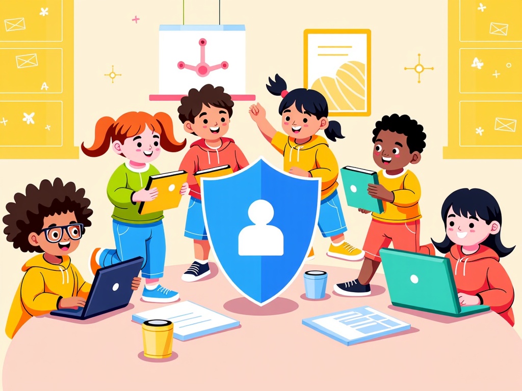An illustration of a diverse group of children interacting positively within a clearly defined safe digital space, shielded from external harmful elements like cyberbullying.