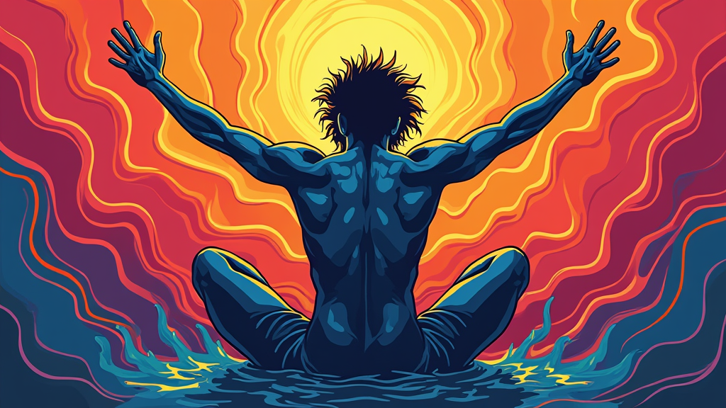 A stylized human form or face undergoing a vivid metamorphosis, depicted with bold linework and intense color palettes, representing the transformative power of self-expression.