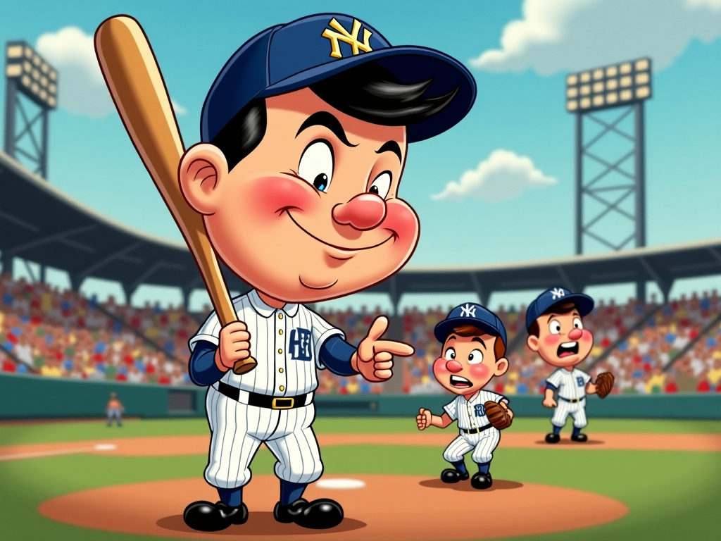 A humorous caricature approach: Babe Ruth with an oversized head and bat, winking cheekily as he points. The pitcher and catcher could have comically shocked or exasperated expressions in the background.