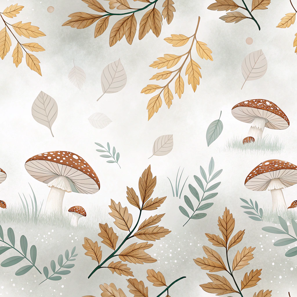 A serene arrangement depicting gently falling leaves and mushrooms amidst a soft, misty background.