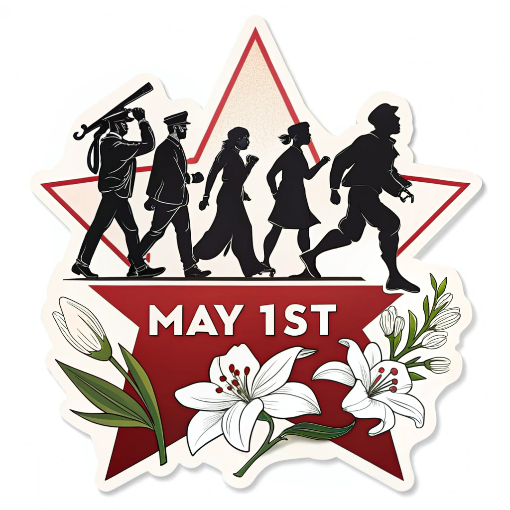Sub-design 3: A bold design using a limited color palette (e.g., red, black, white) with marching silhouettes. Incorporate a symbolic May Day element like a red star, a spring flower (e.g., lily of the valley), or the date 'May 1st'.