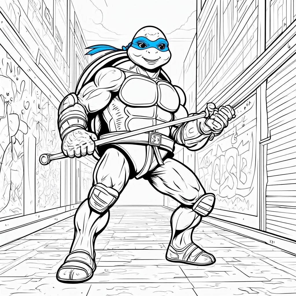 The image shows a sketch of a teenage mutant ninja turtle, Raphael, holding a weapon in his hand. He is wearing his signature red bandana and a blue mask, and is standing in front of a wall with graffiti on it. The image is a free printable coloring page, perfect for kids to enjoy.