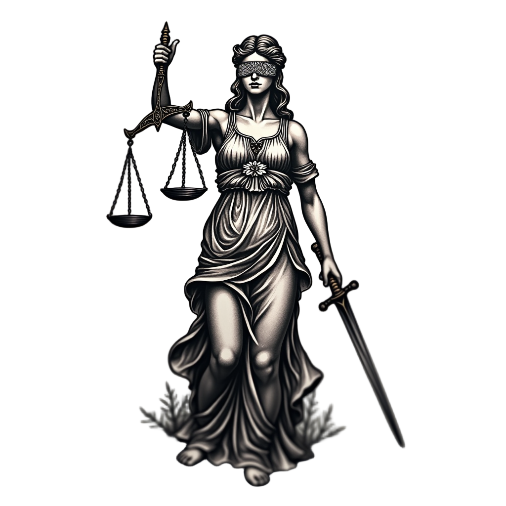 An eye-catching tattoo of Lady Justice features a blindfold with intricate lace designs, emphasizing her unbiased nature.