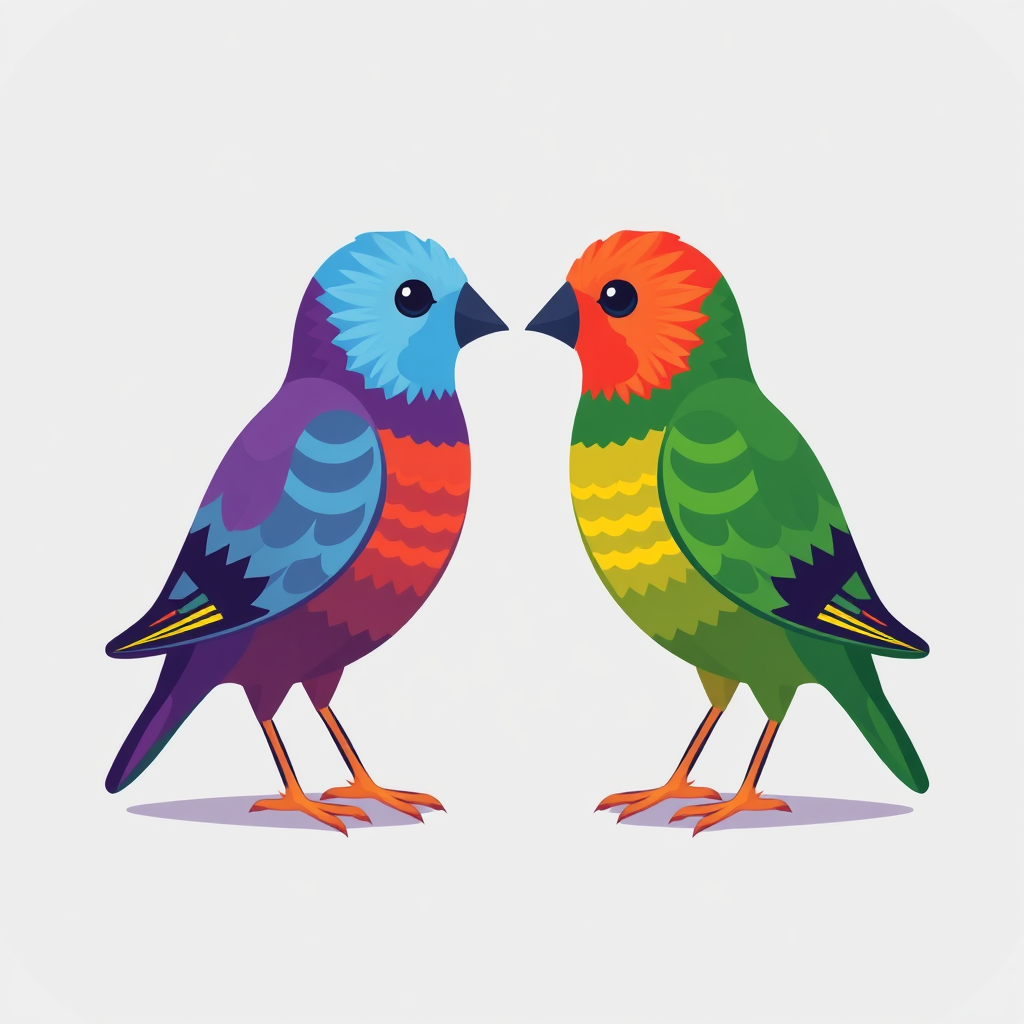 Two colorful birds, each with a unique pattern, facing each other to represent diversity in love.