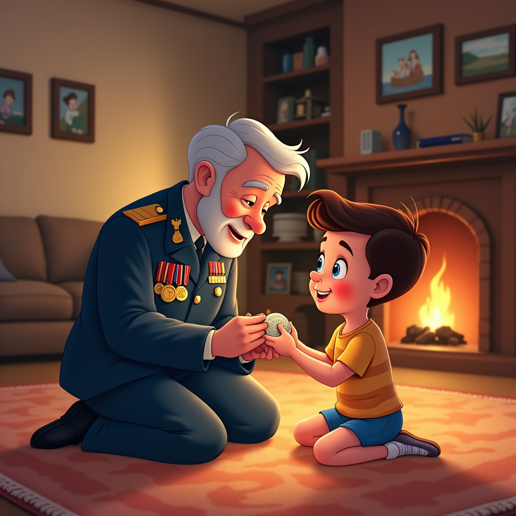 A serene depiction of a veteran sharing his military badge with a young child in a cozy living room setting. The child, with sparkling eyes, sits on a carpet, deeply listening. Nearby shelves are filled with framed photos of family and service, with a fireplace warming the scene, emboldening the sentiment of remembrance.