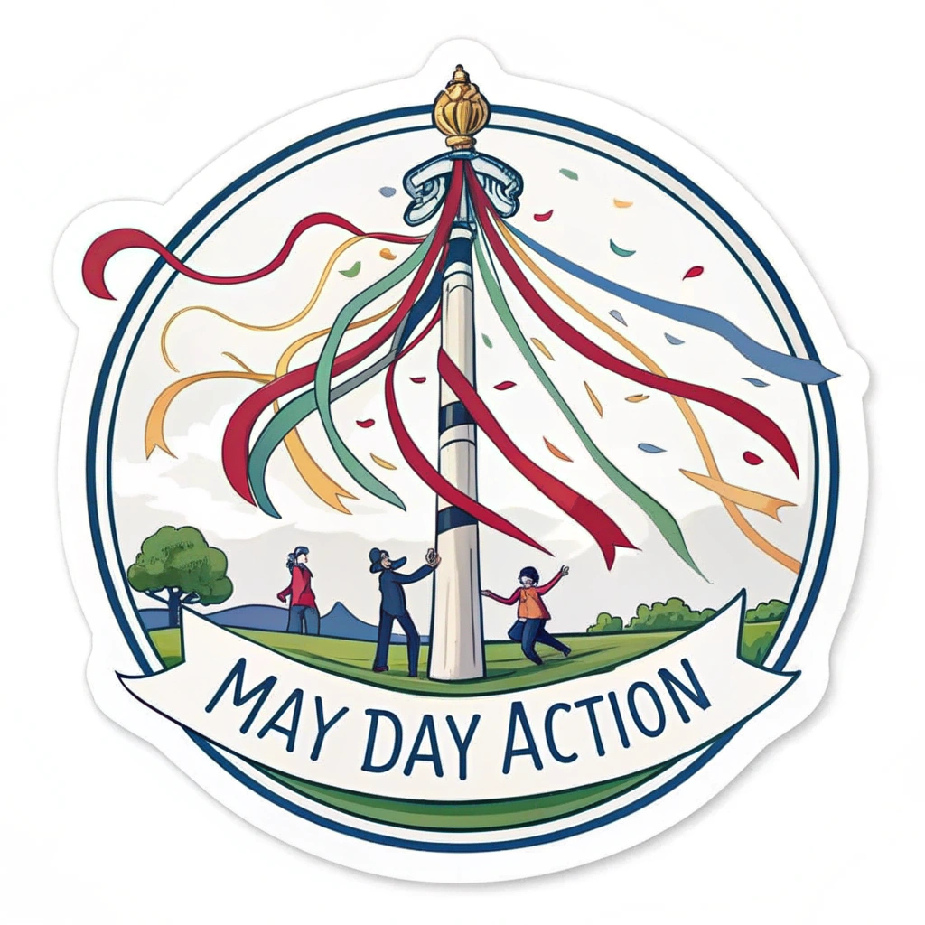 Simple Logo Idea: A compact, emblematic design where a stylized maypole and a few flowing ribbons are contained within a defined shape (e.g., circle, shield) or integrated with concise text like 'May Day Action,' suitable for broader event branding.