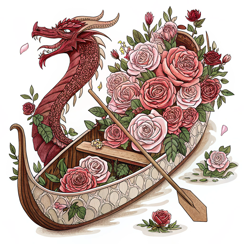 Rose Dragon Vessel: The entire dragon boat is constructed from roses and other flowers – the hull is woven roses, the dragon head is a large rose bloom, the tail a cascade of petals and leaves. Minimal depiction of paddlers, or they are small silhouettes, to keep focus on the floral boat.