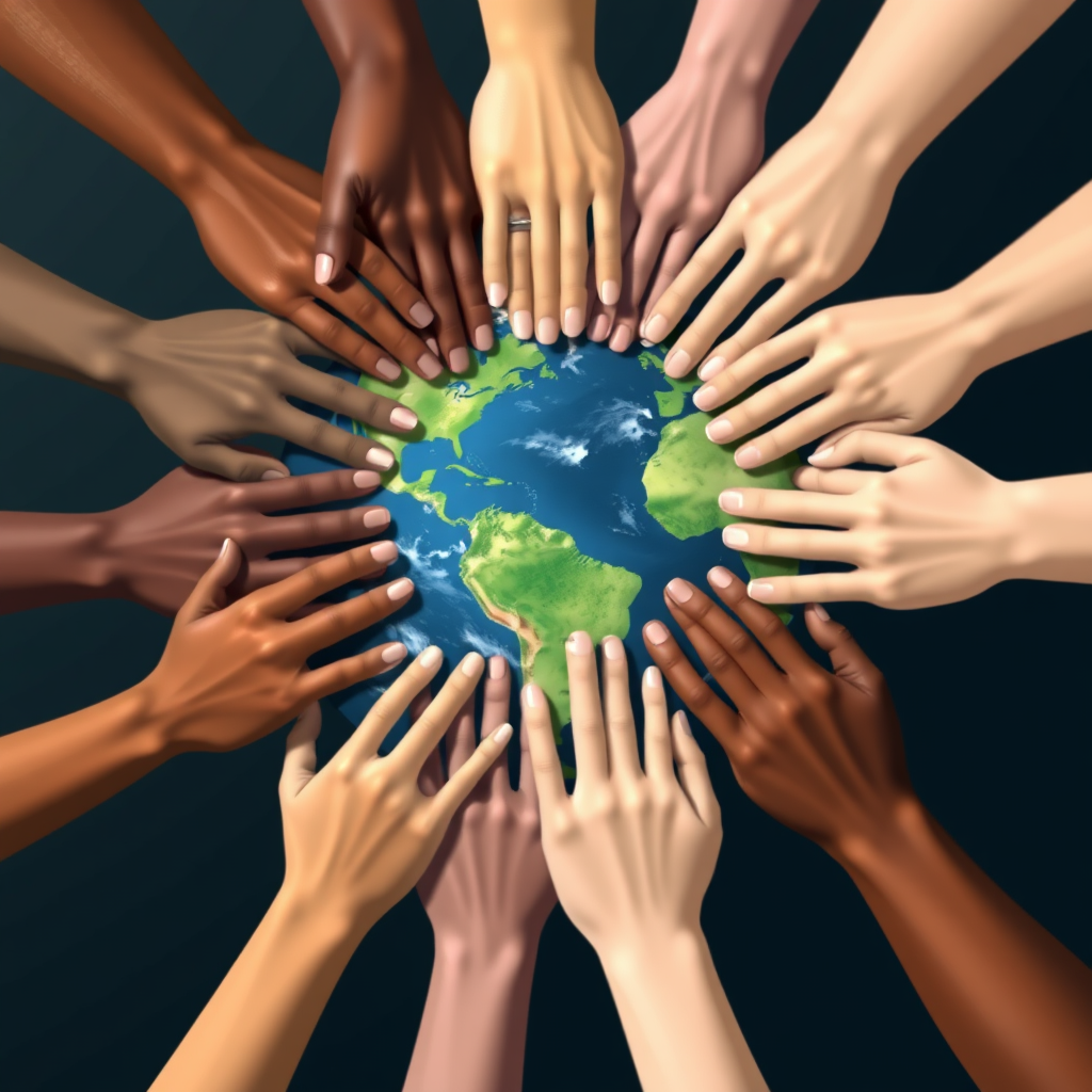 Intertwined Hands Forming Earth: Diverse hands weave together to create the shape of the planet, with continents subtly suggested in the spaces between them, symbolizing collective responsibility and unity for Earth Day.