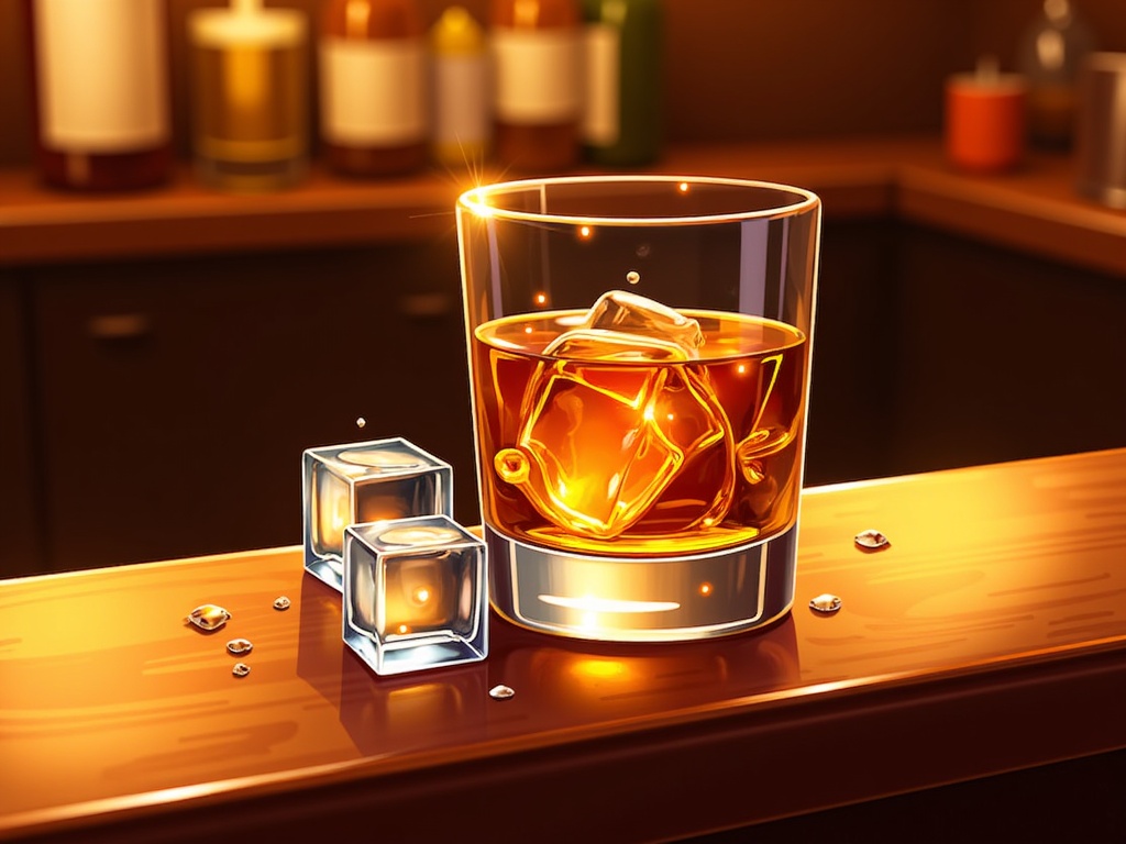  a glass of whiskey on a wooden bar counter. The glass is filled with a golden-brown liquid and has ice cubes floating in it. There are two ice cubes on the counter next to the glass. In the background, there are several bottles of alcohol and a candle on a shelf. The overall mood of the image is warm and cozy.