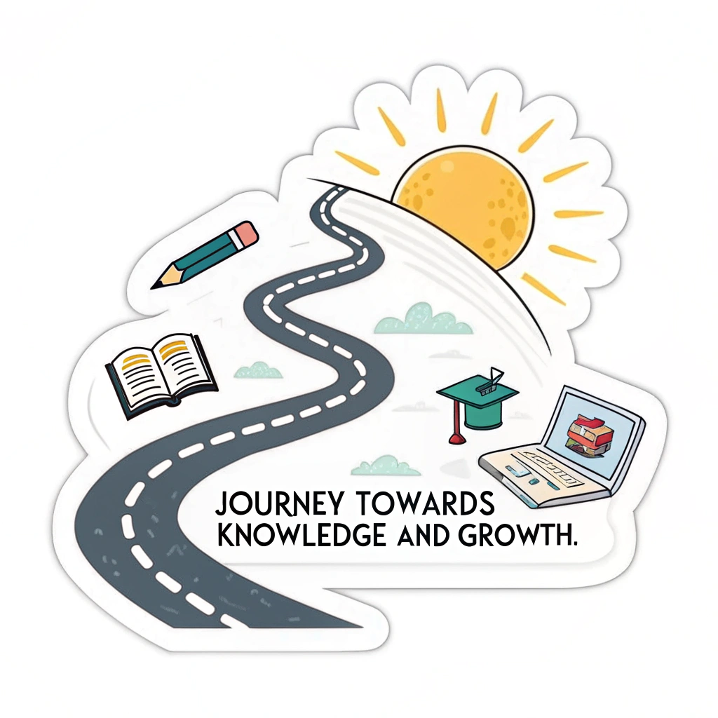 A pathway leading towards a bright sun. Along the path are small icons representing learning tools (pencil, book, computer). The tagline is written along the path or under the sun.