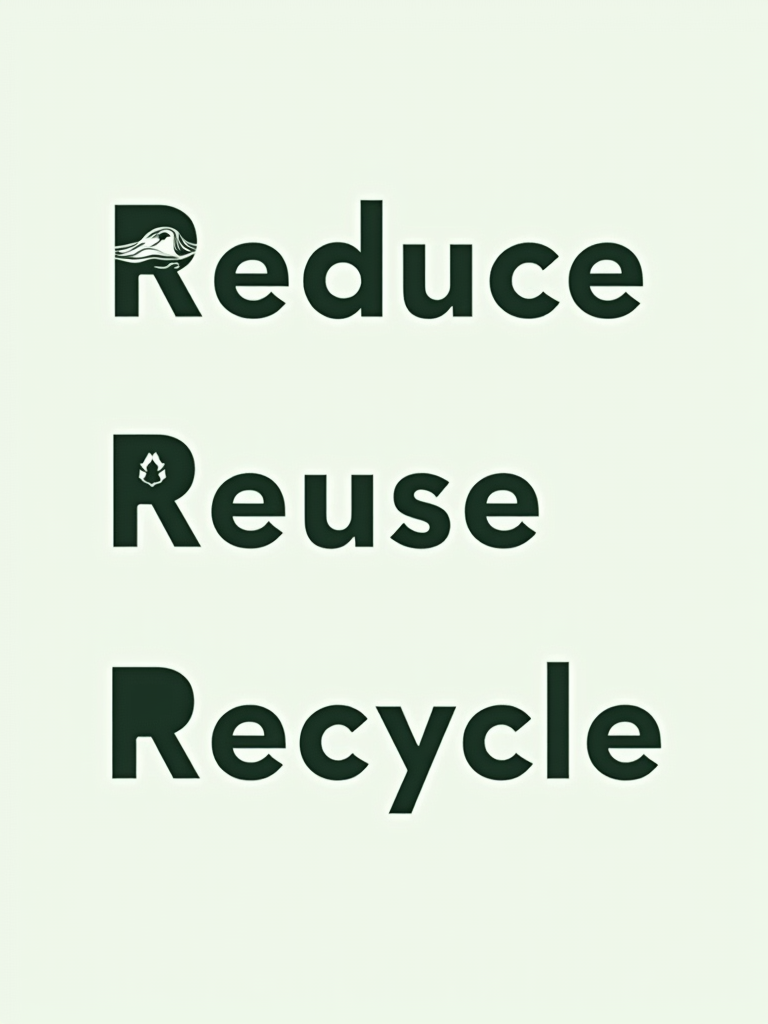 Minimalist typography for the words 'Reduce', 'Reuse', 'Recycle' in a clean sans-serif font, where a key letter in each word is subtly replaced by its corresponding abstract icon (e.g., the 'U' in Reduce becomes a downward stroke; an 'S' in Reuse becomes a subtle loop).