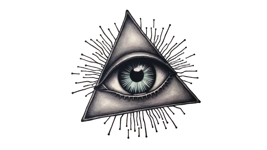 Sub-design 1: The Eye of Providence reimagined with a circuit board pattern for the iris, a camera lens pupil, and surrounded by stylized metallic or data-stream rays, all within a sleek, geometric triangle.