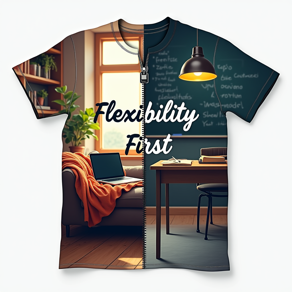 A design featuring a split graphic, half depicting a comfortable home study setup (laptop, cozy elements) and the other half a traditional classroom (desk, blackboard), visually connected by fluid lines or a zipper element. Include the text 'Flexibility First'.