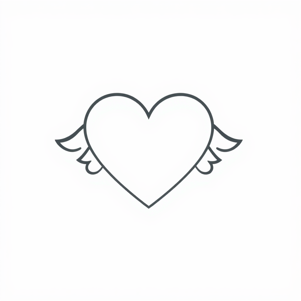 A simple heart outline with small, angel-like wings attached.