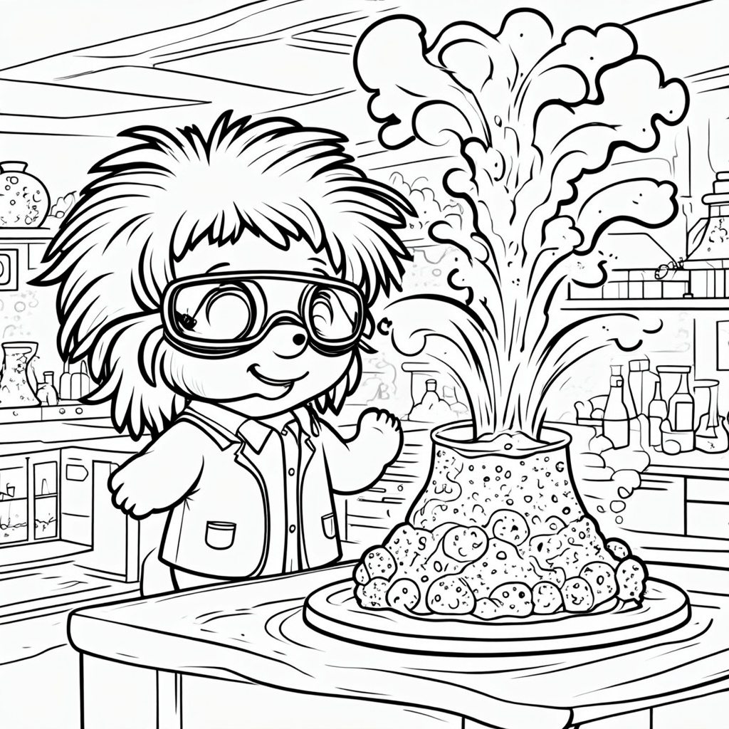Gummy Bear Mad Scientist's Lab: A gummy bear with wild, static-electric 'hair' (perhaps pulled sugar strands), wearing oversized goggles and a lab coat, joyfully watching a volcano of colorful, fizzy soda erupt from a gummy beaker in a lab filled with silly bubbling contraptions.