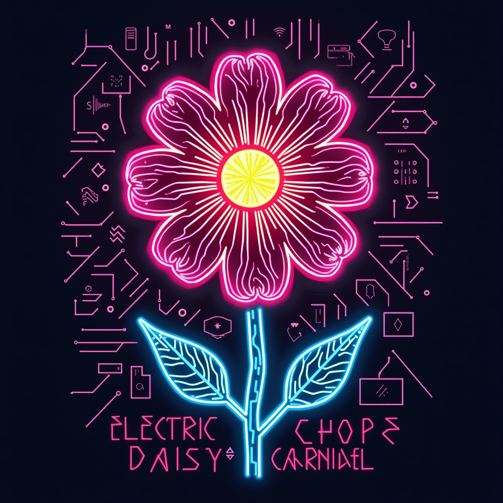 Electric Circuit Daisy: Daisy stylized with glowing neon circuit board pathways for petals and stem, with a radiant 'power core' center. Tech-grid background. Text: 'Electric Daisy Carnival' in digital font.