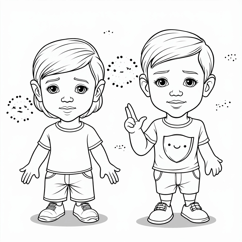 Design Idea 3 (Superhero Protection Concept): **Before Vaccine:** A child looking a bit vulnerable, with stylized, not-too-scary 'germ' characters faintly visible in the background or shadows. **After Vaccine:** The same child stands confidently, perhaps with a small, friendly shield emblem on their shirt or a subtle 'invincibility' aura. The 'germ' characters are depicted as very small, frowning, and retreating or absent. **Key differences to spot:** child's posture and expression, presence/absence/state of 'germ' characters, appearance of a protective symbol.