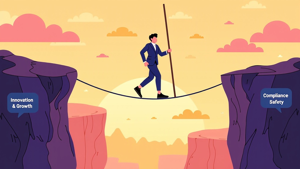 Illustration 4: Depict a tightrope walker ('Social Media Platform') carefully balancing with a pole between two cliffs. One cliff is labeled 'Innovation & Growth', the other 'Compliance & Safety'. The tightrope is labeled 'Regulation'.