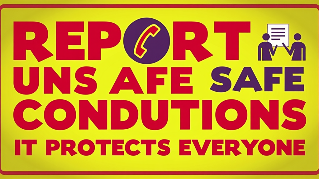 Idea 5: Simple, bold typography-focused poster with strong colors. Main text: 'REPORT UNSAFE CONDITIONS' accompanied by icons representing different reporting methods (phone, form, person). Subtext: 'It Protects Everyone.'