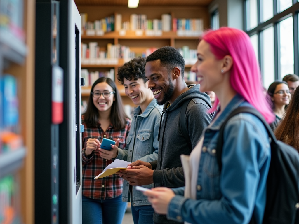 College students line up at a vending machine that dispenses stationary supplies like pens, notebooks, and flash drives in a campus library.