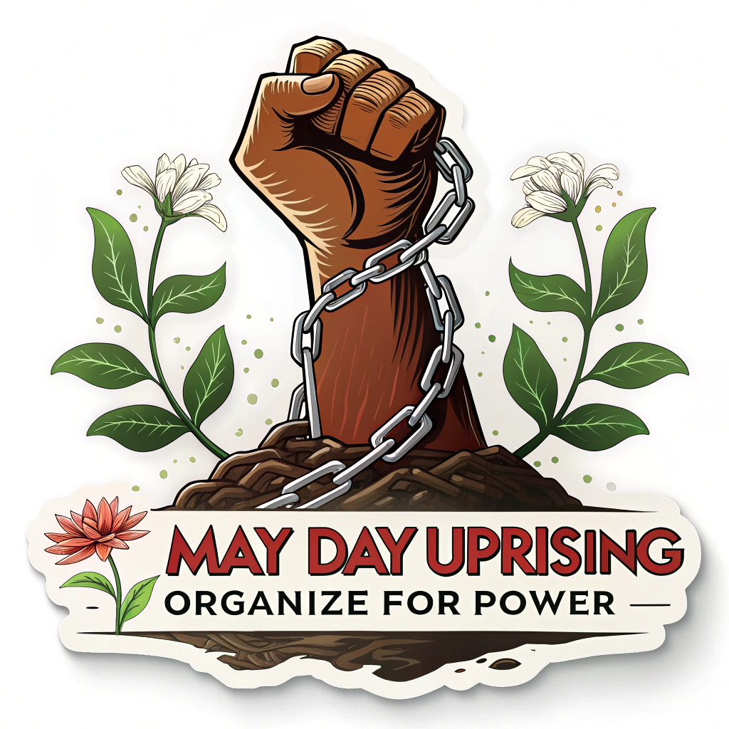 A dynamic sticker design showcasing a powerful raised fist, possibly breaking chains or intertwined with a plant shoot (growth/new beginnings), with 'May Day Uprising' and 'Organize for Power' in bold, impactful typography.