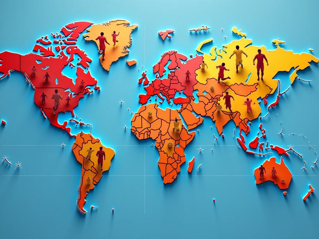 Global Pitch Lines: A world map where the lines of longitude and latitude transform into the markings of a football pitch. Silhouettes of diverse football players in action poses are overlaid, with team colors subtly integrated into their kits, representing clubs from all continents.