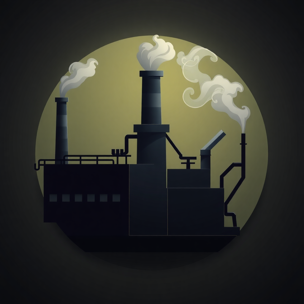 The image is an illustration of a factory with three tall chimneys emitting white smoke. The chimneys are black and appear to be made of metal. The background is a dark green color, and the overall design is simple and minimalistic. The factory appears to be a large industrial structure with a flat roof and multiple levels. The smoke is billowing out of the chimneys, creating a hazy effect. The overall mood of the image is dark and industrial.