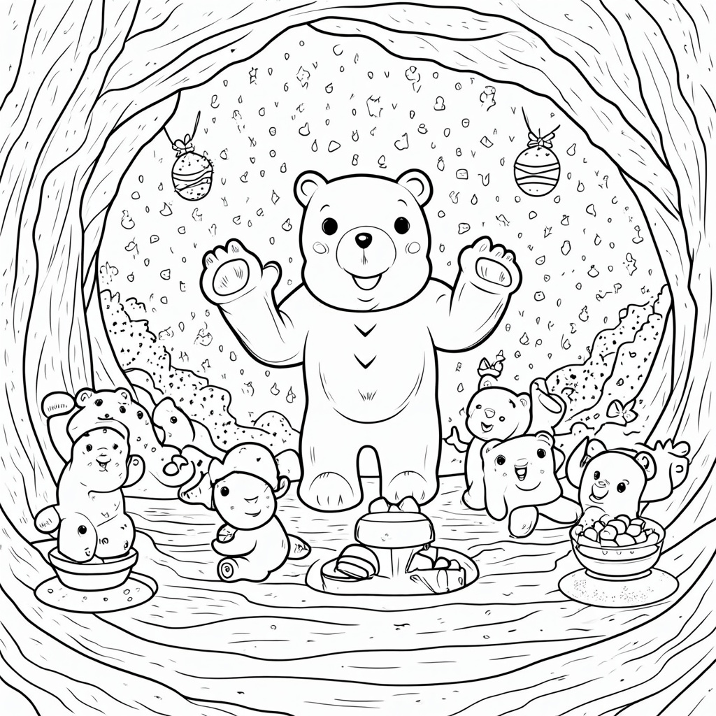 Celebration at the Rainbow's End Treasure: A festive scene where the gummy bears reach their journey's destination, finding a delightful 'treasure' such as a cave filled with sparkling gummy gems, a giant multi-flavored gummy bear statue, or a clearing with a perpetual candy feast. The gummy bears are shown cheering, dancing, and sharing their found treasures.