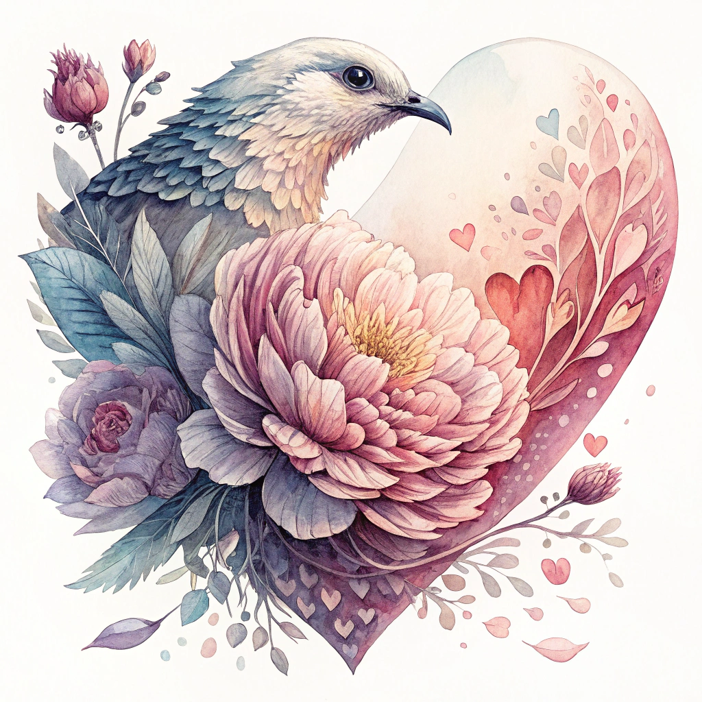 A gradient-filled heart shape that morphs into different forms, such as a flower or a bird, suggesting the transformative power of love.