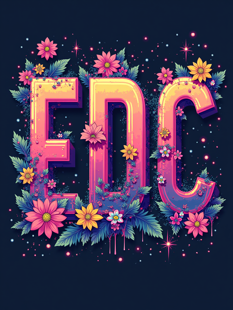 Pixel Bloom Typography: A retro-digital or modern pixelated font for 'EDC'. From these blocky letterforms, pixelated flowers bloom outwards, perhaps with glitch effects or trails of light, giving an 8-bit electric garden feel.