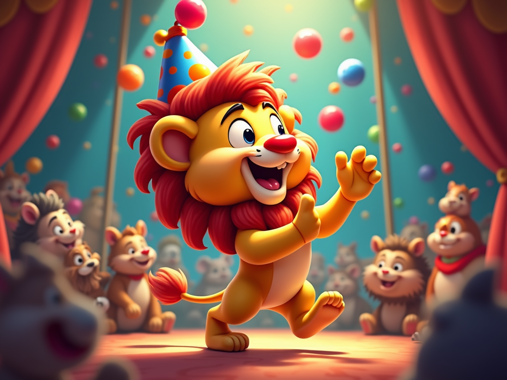 A cartoon lion with a bright red nose, wearing a tiny hat and a colorful clown costume.