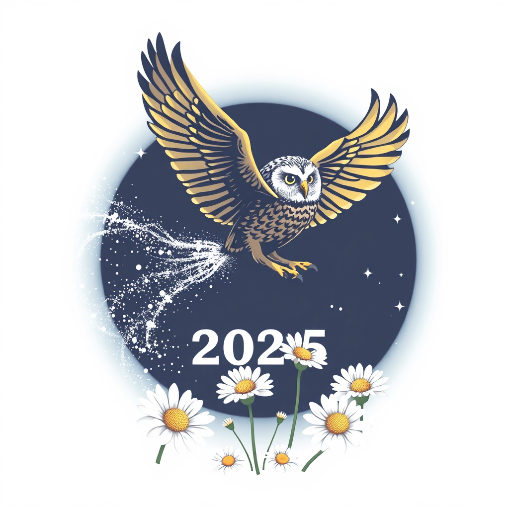 Cosmic Flight & Bloom: A dynamic representation of an owl in mid-flight, its wingtips trailing stardust that coalesces into blooming daisies or a single large daisy. The year '2025' could be formed by the stardust trail or subtly placed within the daisy's pattern.