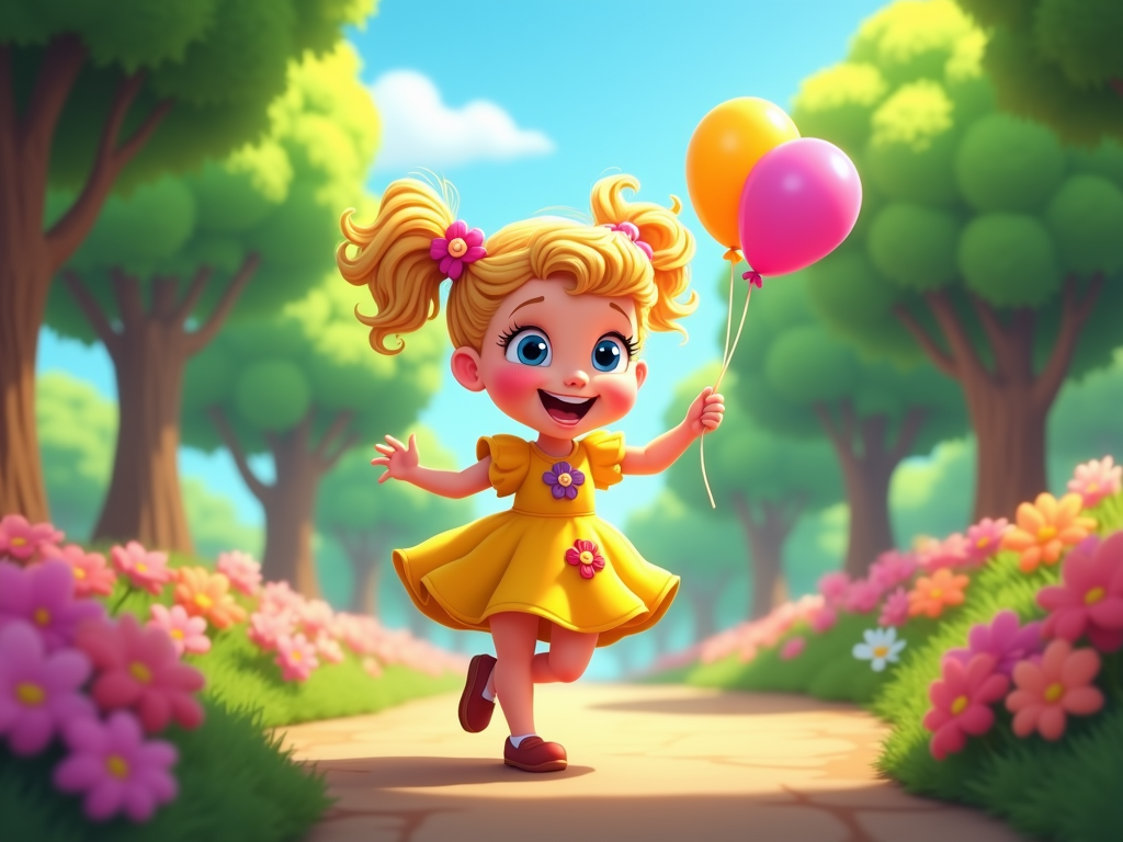  a young girl with blonde hair and blue eyes, wearing a yellow dress with pink flowers in her hair. She is holding two colorful balloons in her right hand and is walking on a pathway in a park-like setting with trees and flowers on either side. The girl has a big smile on her face and appears to be happy and excited. The sky is blue and there are a few clouds in the background. The overall mood of the image is cheerful and playful.