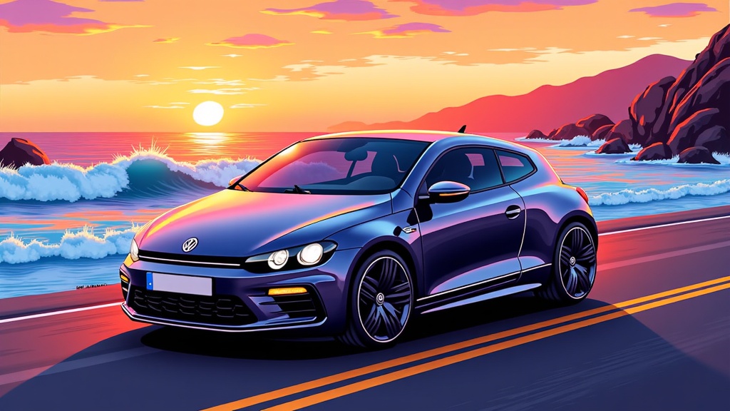 The image is a digital illustration of a blue Volkswagen Golf GTI car driving on a road near the ocean at sunset. The car is in the center of the image, with the ocean on the left side and the mountains on the right side. The sky is painted in a gradient of orange, pink, and purple hues, with a few wispy clouds scattered across the horizon. The sun is setting in the background, casting a warm glow over the scene. The road is empty, with no other cars or people visible in the image. The colors are vibrant and the overall mood of the illustration is peaceful and serene.