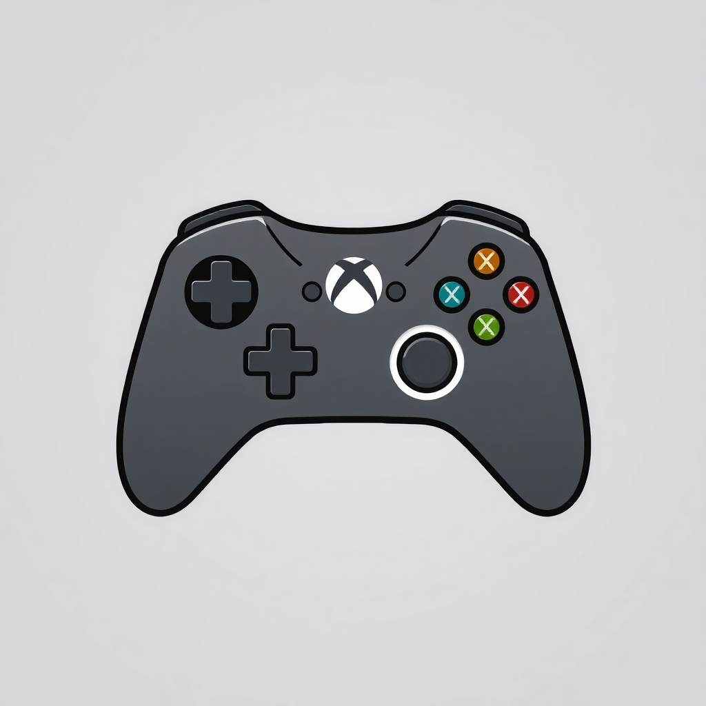 The image is a digital illustration of a black Xbox wireless controller. The controller has a round base with four buttons on the left side, two on the right side, and three on the bottom right side. Each button has a different color - red, orange, green, yellow, and blue - representing the Xbox logo. The buttons are arranged in a grid-like pattern, with the X in the center. The overall design of the controller is simple and minimalistic.