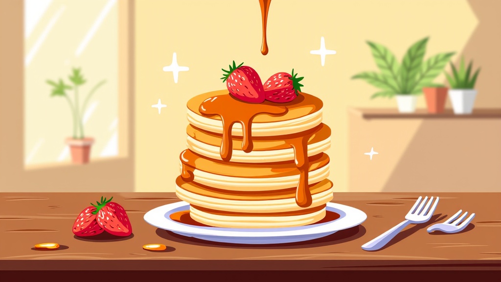  a stack of pancakes on a white plate. The pancakes are golden brown and appear to be freshly made. On top of the stack, there are two fresh strawberries. A drizzle of syrup is dripping down the sides of the pancakes. The plate is on a wooden table with two forks on the right side. In the background, there is a window with potted plants on the windowsill. The overall color scheme of the image is warm and inviting.