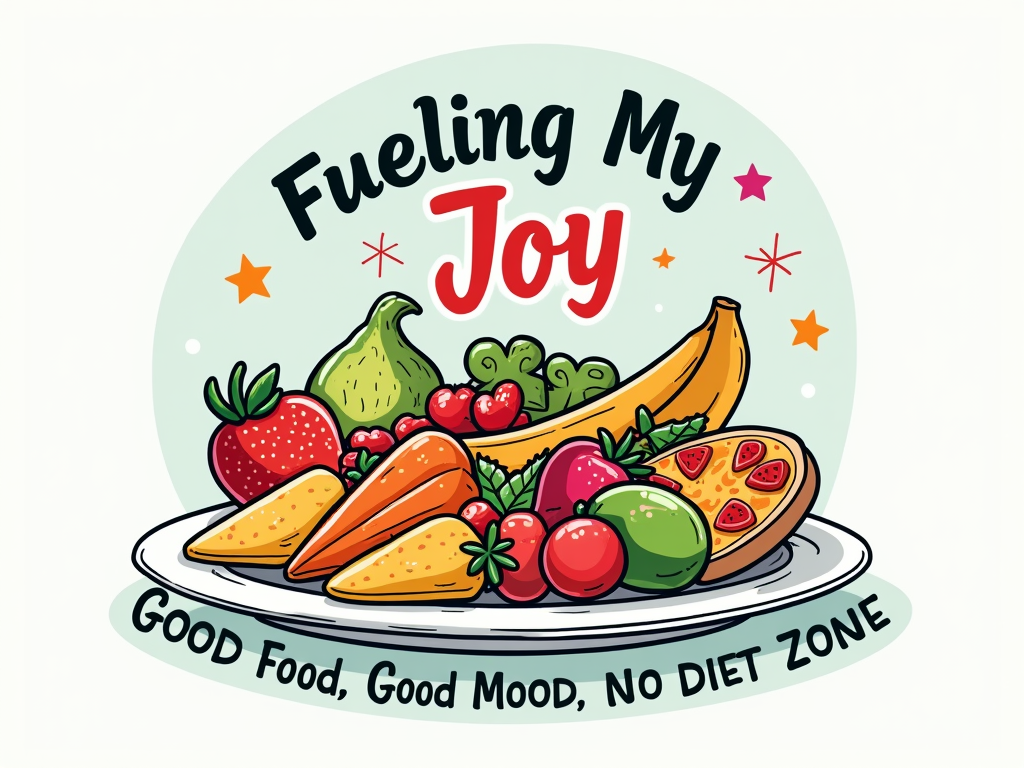 T-Shirt Design Idea 3: 'Fuel Your Joy - Not the Scale'. Features a whimsical illustration of a plate or basket overflowing with a variety of delicious and appealing foods (fruits, veggies, a favorite treat like a cupcake or pizza slice), symbolizing joyful, unrestricted eating. Slogan: 'Fueling My Joy' or 'Good Food, Good Mood, No Diet Zone.' A small heart or sparkle element can be added.