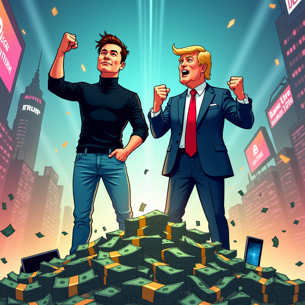 Elon Musk and Donald Trump depicted in a comic book style, standing heroically on top of a towering pile of cash and tech gadgets.