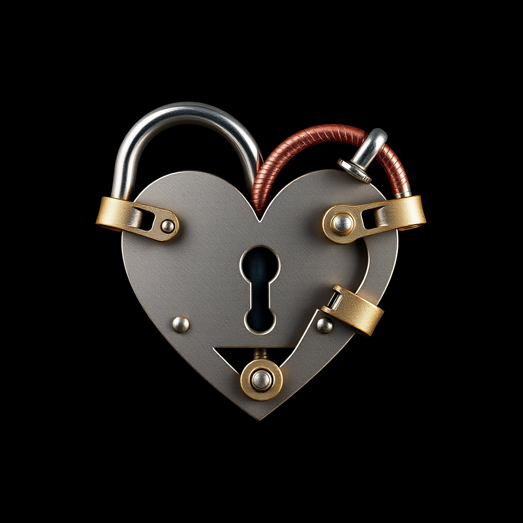 A heart constructed from padlock components, such as shackles and tumblers, to create a modern and abstract heart-lock icon.