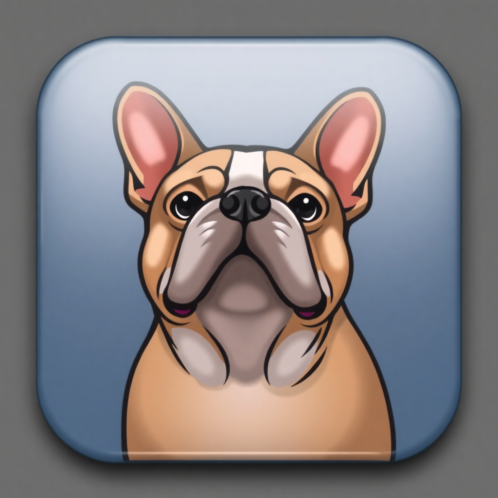 The image is a square icon with a light blue background. In the center of the icon, there is a cartoon illustration of a French Bulldog's face. The dog has a round head with two large ears on either side of its head and a small nose. Its eyes are black and its mouth is slightly open, as if it is looking directly at the viewer. Its fur is a light brown color and its ears are pink. The overall style of the illustration is simple and cartoon-like.