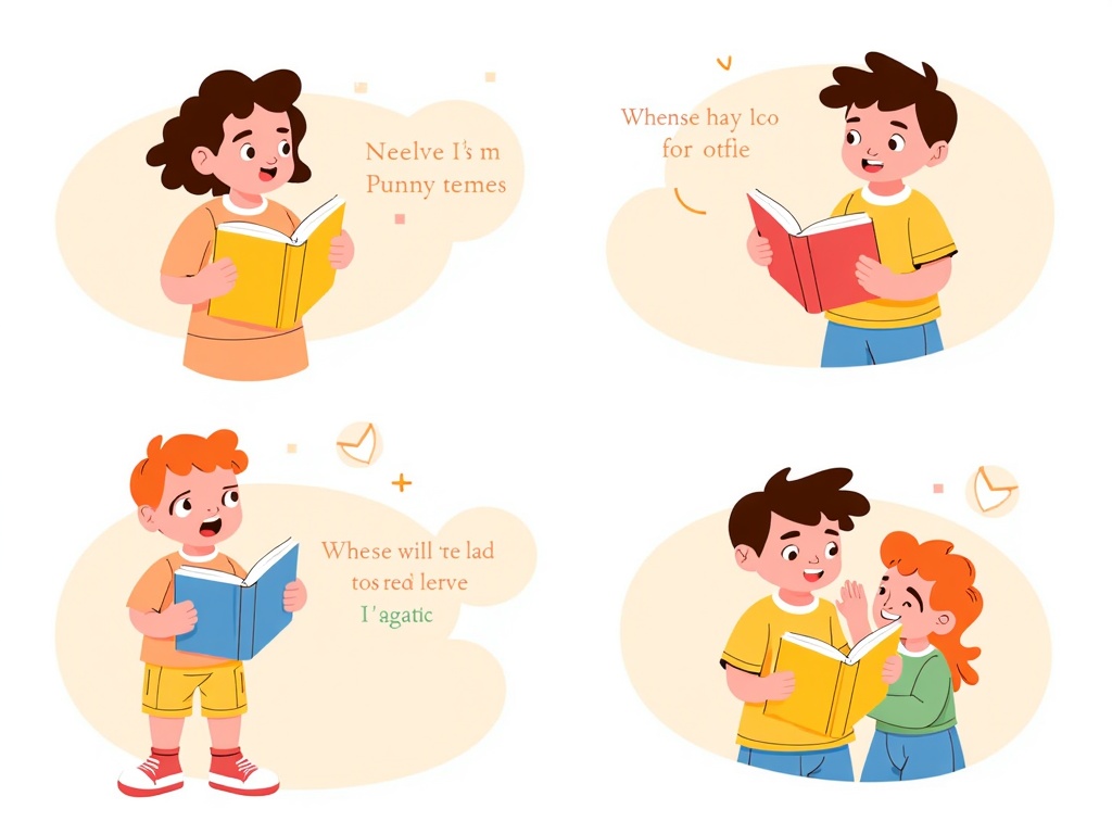 A montage-style illustration showing different children in various poses reflecting engagement with poetry: one looking thoughtful, one laughing at a funny verse, one whispering a line to a friend, and one shyly waiting for their turn to read.