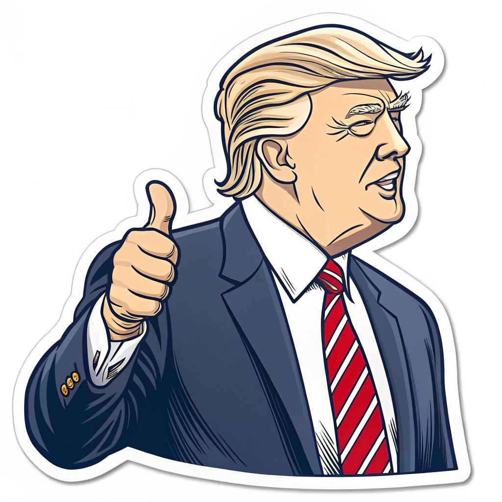 A sticker featuring a stylized version of Donald Trump's face with his signature hairstyle, wearing a suit and a tie, perhaps with a thumbs-up gesture.