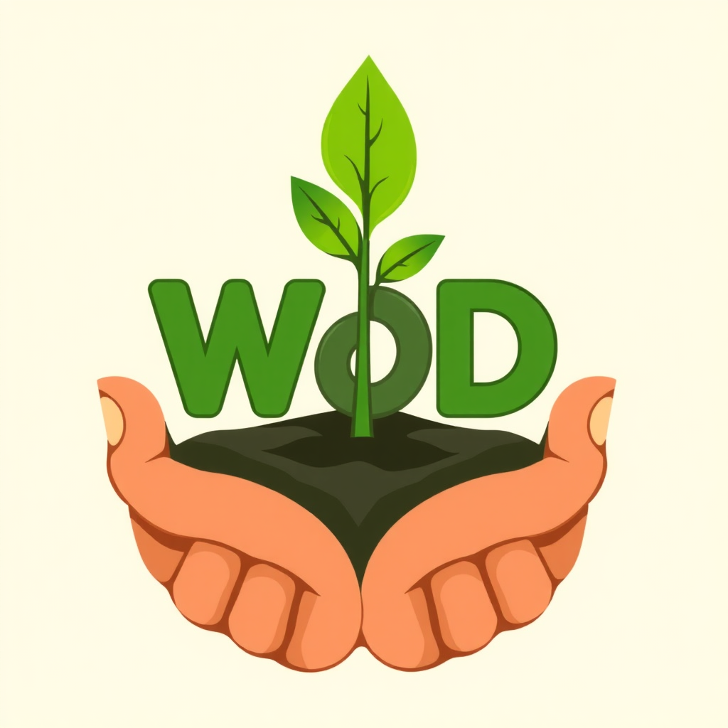 Sub-design idea 2: The acronym 'WDD' (World Design Day) creatively integrated where the letter 'D' is represented by a leaf, or the 'W' is formed by two hands gently cupping a sprout, symbolizing nurturing sustainable practices.