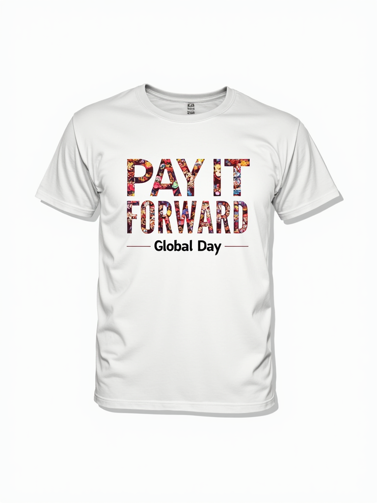 Text-centric design: 'PAY IT FORWARD' in large font, with the letters filled with small icons representing acts of kindness and subtle global/hand imagery. 'Global Day' text positioned below.