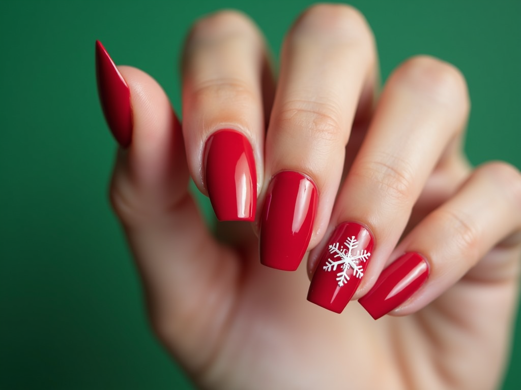 The image is a close-up of a woman's hand with long, pointed nails. The nails are painted in a bright red color and have a glossy finish. The tips of the nails are neatly painted and the nails appear to be well-manicured. On one of the fingers, there is a small white snowflake design on the ring finger. The background is a solid green color, making the red nails stand out. The overall aesthetic of the image is festive and wintery.