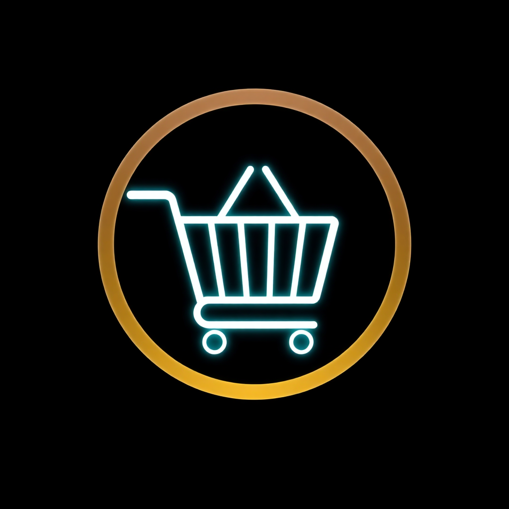 The image is a circular icon with a black background. In the center of the circle, there is a blue line drawing of a shopping cart. The shopping cart is outlined in white and has two handles on either side. The wheels of the cart are also outlined in blue. The overall design is simple and minimalistic.