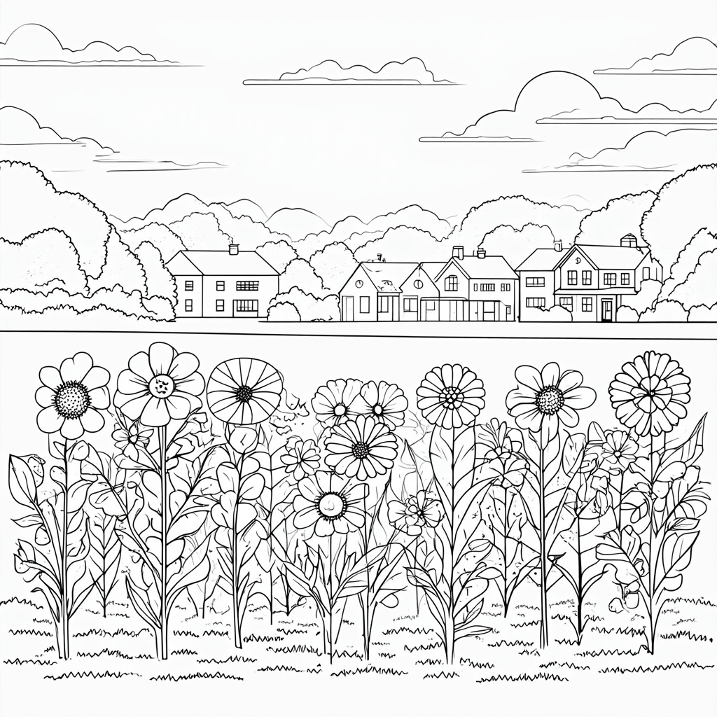 Coloring Page 3: 'Community Garden of Protection'. Show a landscape where each vaccinated person is represented by a unique, blooming flower. As more flowers bloom (are colored in), the garden becomes more beautiful and vibrant, symbolizing herd immunity protecting the community (houses, school in background).