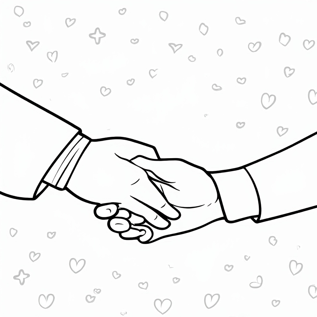 Close-up of a nurse's hand gently shaking a patient's hand. The nurse's sleeve cuff is visible. Background has soft, encouraging patterns like subtle hearts or plus signs for coloring.