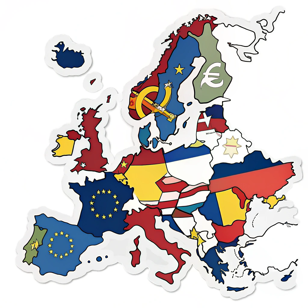 A sticker featuring a map of Europe formed by Euro symbols, emphasizing economic unity.