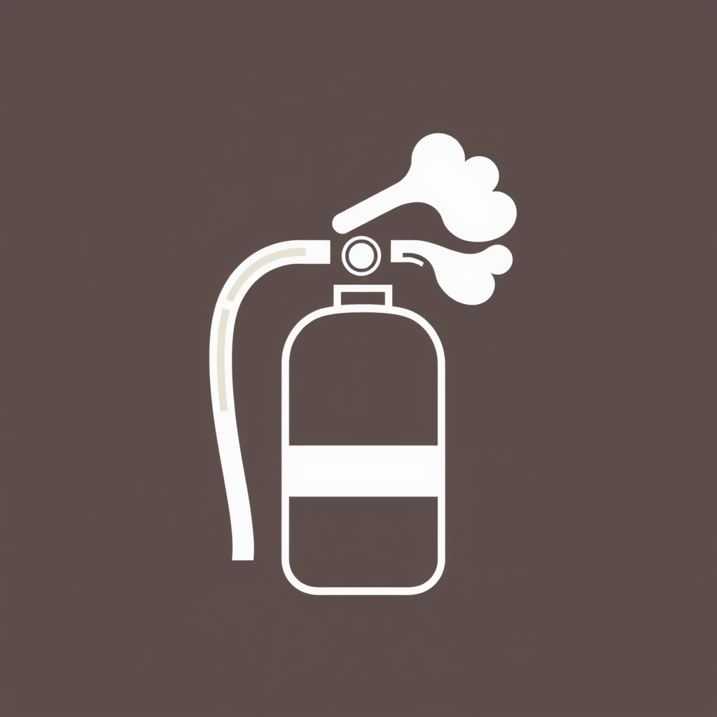 A minimalist logo featuring a fire extinguisher nozzle emitting foam.